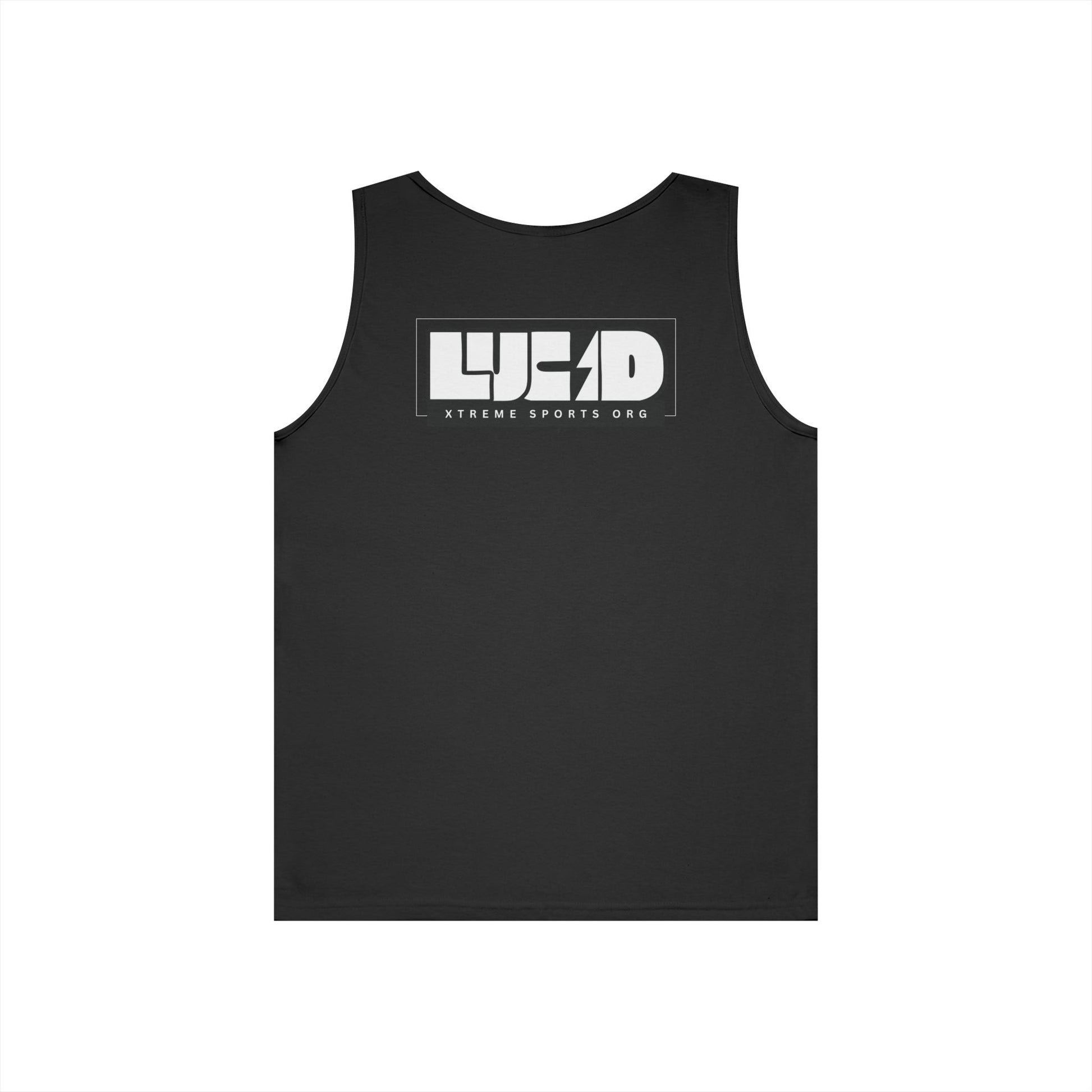 Black Lucid Block Logo tank, front Lucid Reality logo, flat lay