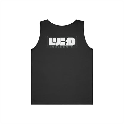 Black Lucid Block Logo tank, front Lucid Reality logo, flat lay