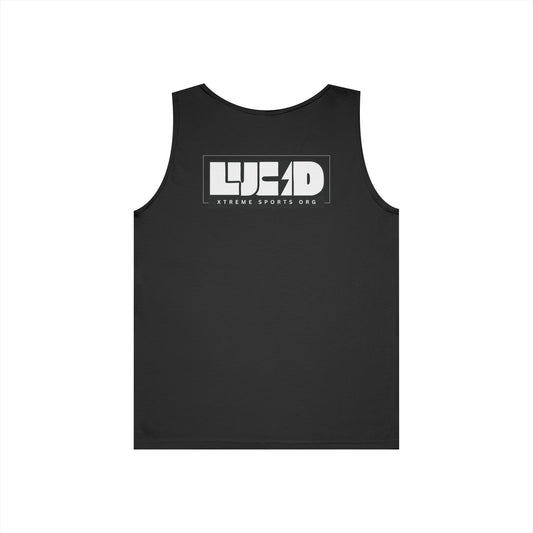 Black Lucid Block Logo tank, front Lucid Reality logo, flat lay