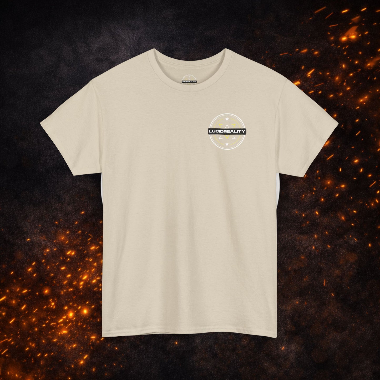 Sand Lucid Reality Where Others Dream Tee with small white logo on the front left chest, short sleeves, and crew neckline.