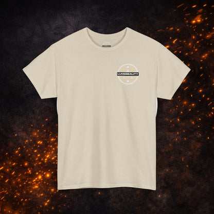 Sand Lucid Reality Where Others Dream Tee with small white logo on the front left chest, short sleeves, and crew neckline.