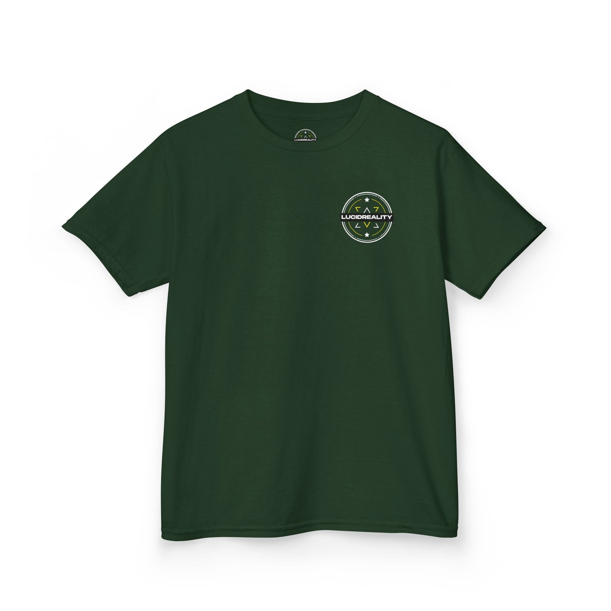 Forest Green Lightning Bolt Kids Tee, front circular logo, flat lay