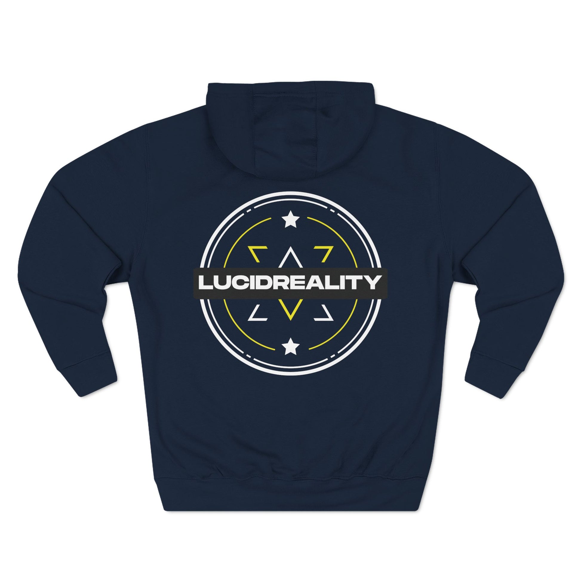 Navy Lucid Reality hoodie, circular emblem back graphic, flat