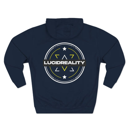 Navy Lucid Reality hoodie, circular emblem back graphic, flat