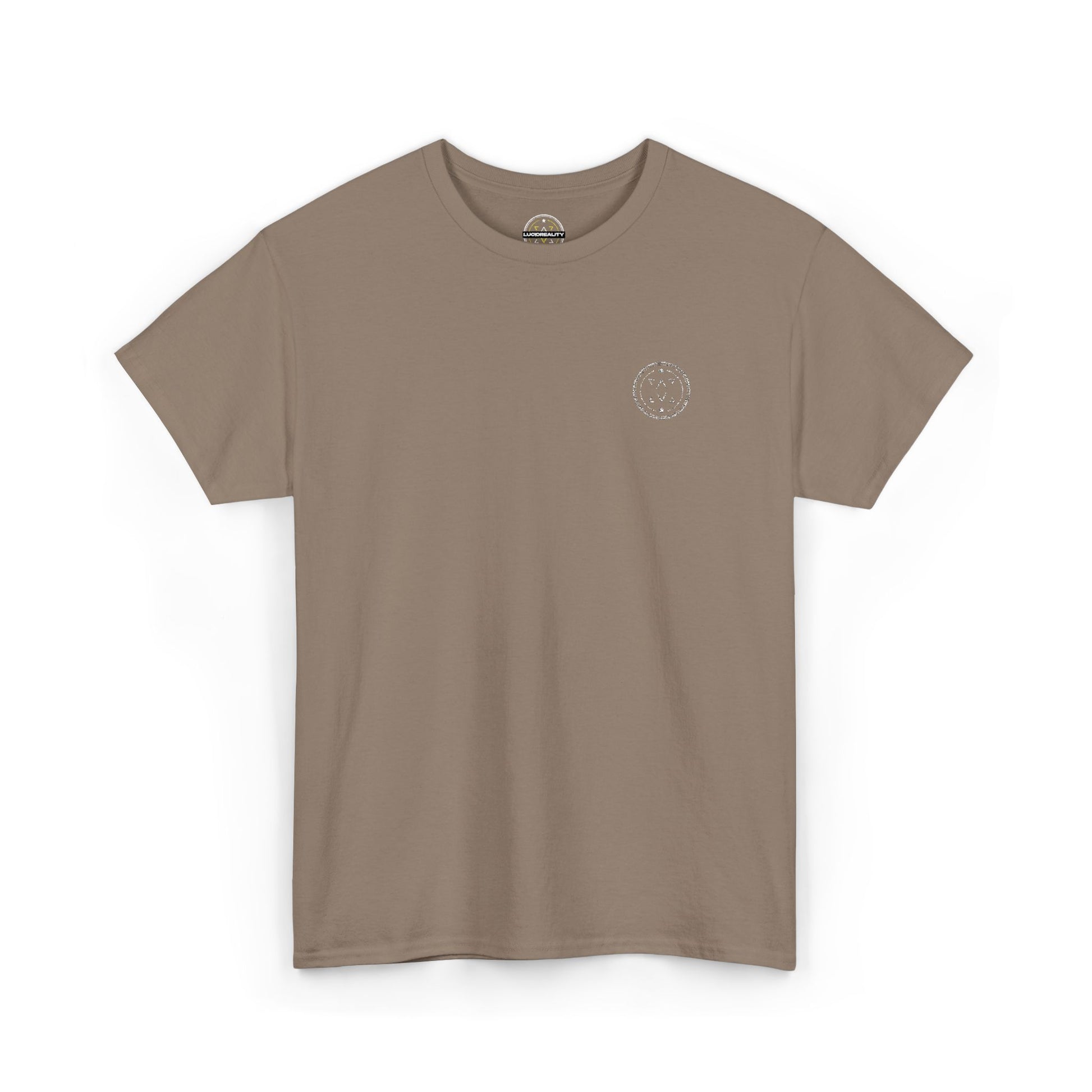 Front product mockup of the Lucid Reality Minimalist Embroidered Logo Tee