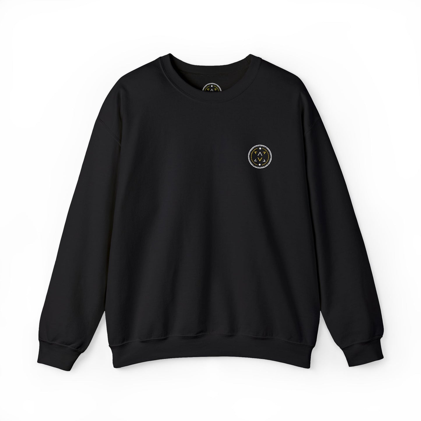 Front product mockup of the Lucid Reality Minimalist Embroidered Logo Crewneck – White & Gold