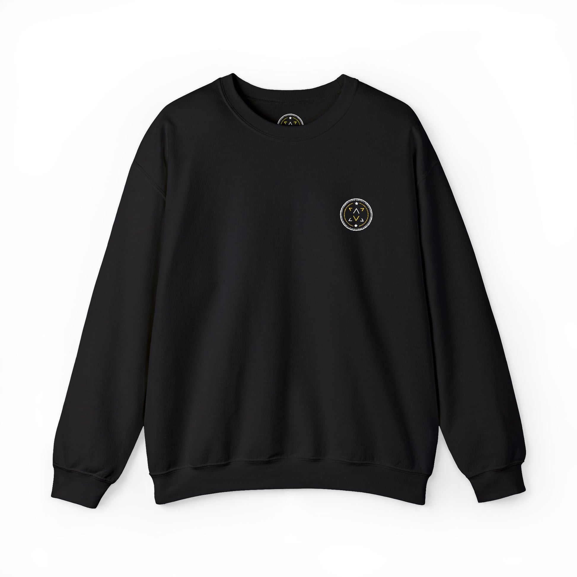 Front product mockup of the Lucid Reality Minimalist Embroidered Logo Crewneck – White & Gold