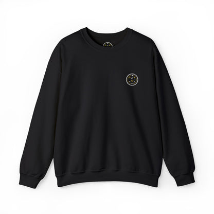 Front product mockup of the Lucid Reality Minimalist Embroidered Logo Crewneck – White & Gold