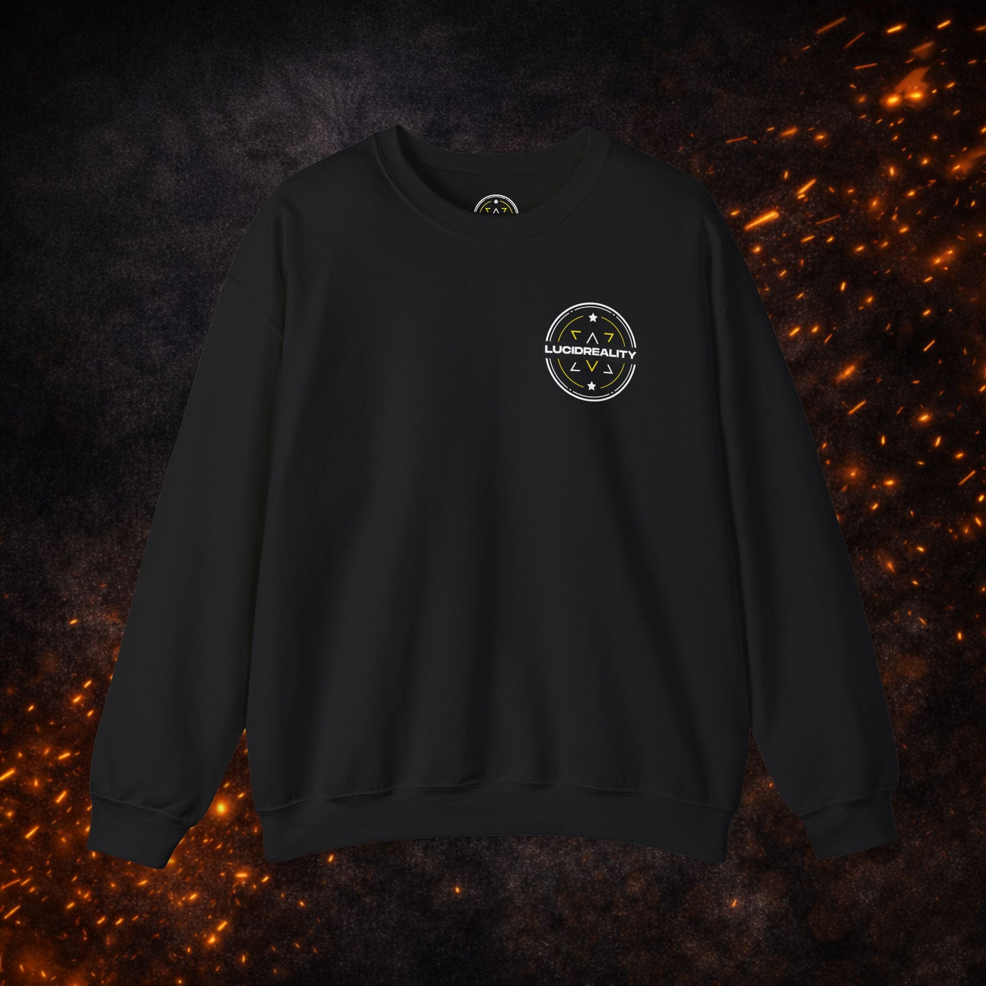 Front view of the black Lucid Reality Crewneck Sweatshirt with small circular logo on the chest.