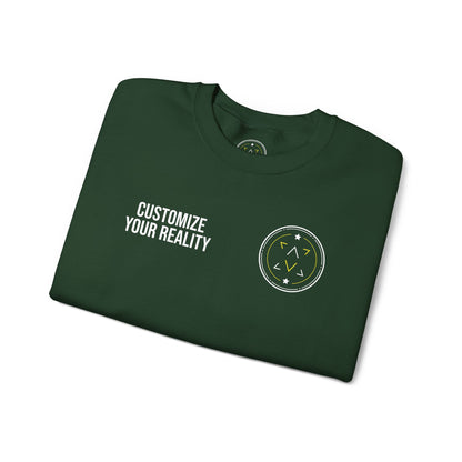 Forest green custom Lucid Reality crewneck, folded, front emblem detail