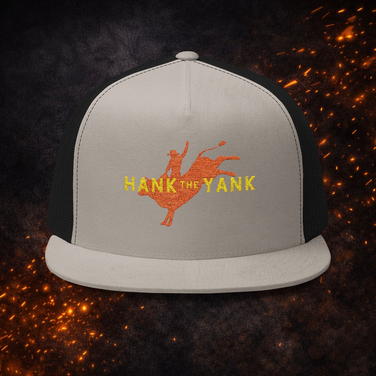Lucid Reality x Hank The Yank Longhorn Trucker Cap in tan and white, displaying the red longhorn bull rider graphic.