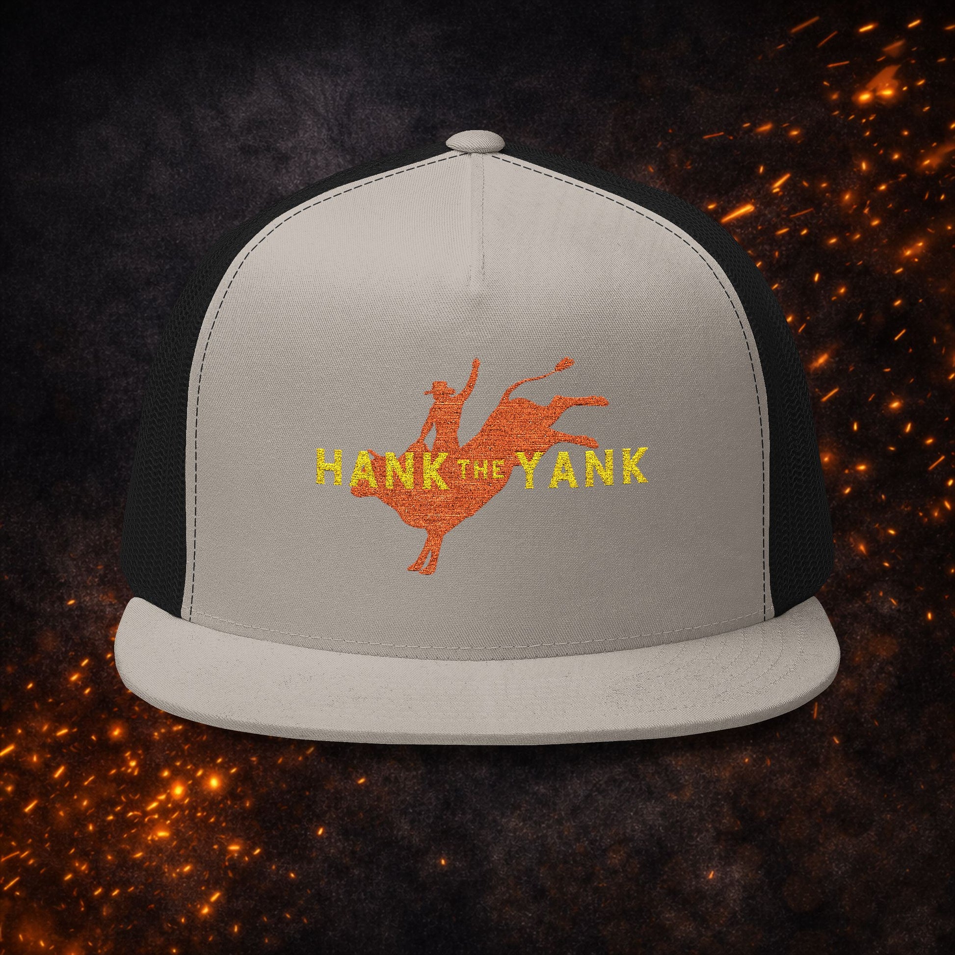 Lucid Reality x Hank The Yank Longhorn Trucker Cap in tan and white, displaying the red longhorn bull rider graphic.