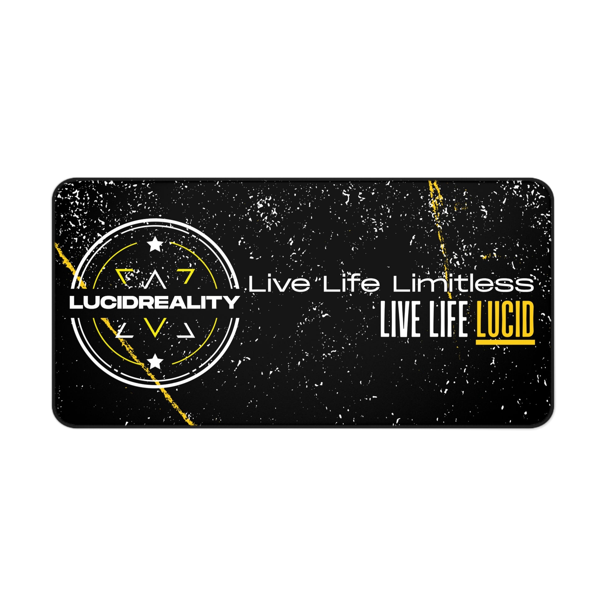 Live Life Limitless desk mat, 16x32 inch, flat view of the Lucid Reality emblem with LIVE LIFE LIMITLESS, LIVE LIFE LUCID