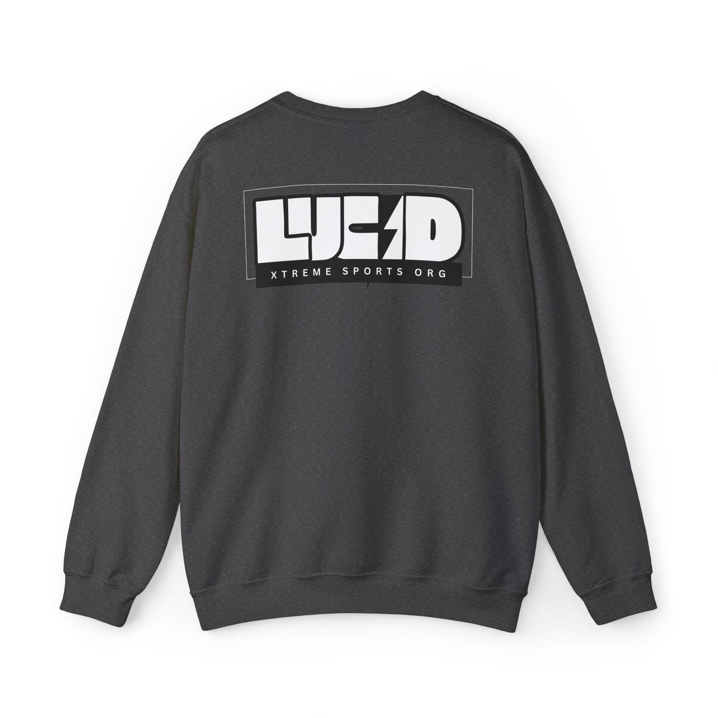 Back view of the dark heather Lightning Bolt Crewneck Sweatshirt featuring the white LUCID design with lightning bolt detail.