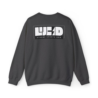 Back view of the dark heather Lightning Bolt Crewneck Sweatshirt featuring the white LUCID design with lightning bolt detail.