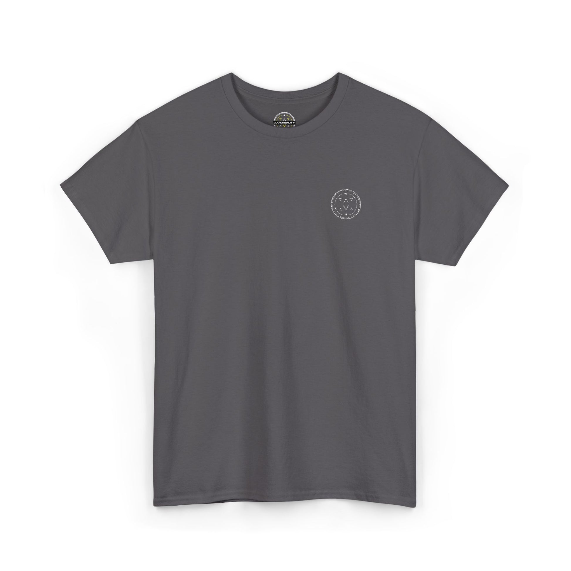 Front product mockup of the Lucid Reality Minimalist Embroidered Logo Tee