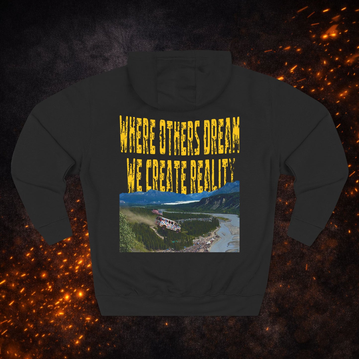 Back view of the black "Where Others Dream We Create Reality" Fleece Pullover Hoodie featuring the scenic landscape graphic.