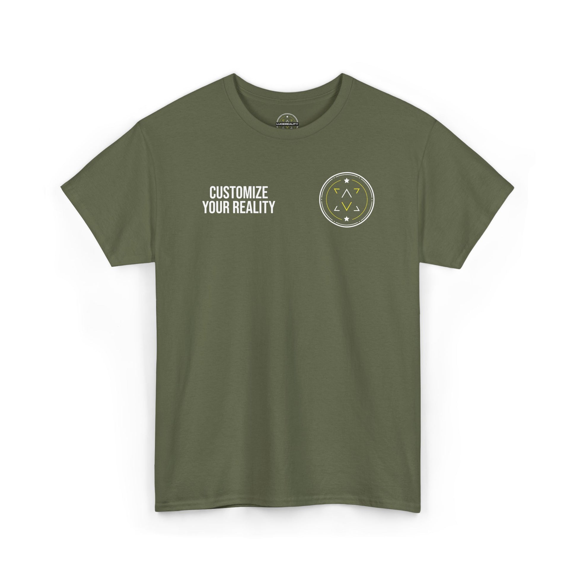 Military green custom Lucid Reality tee, front emblem with personalization zone, flat