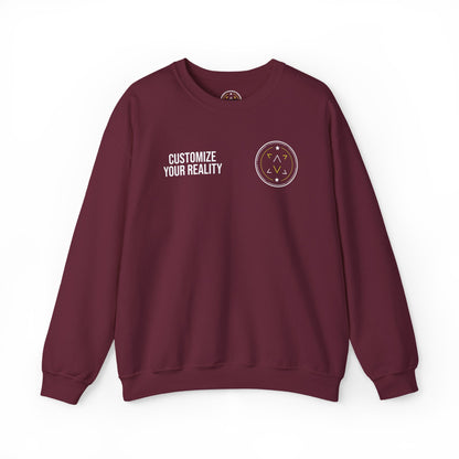 Maroon custom Lucid Reality crewneck, front view, flat