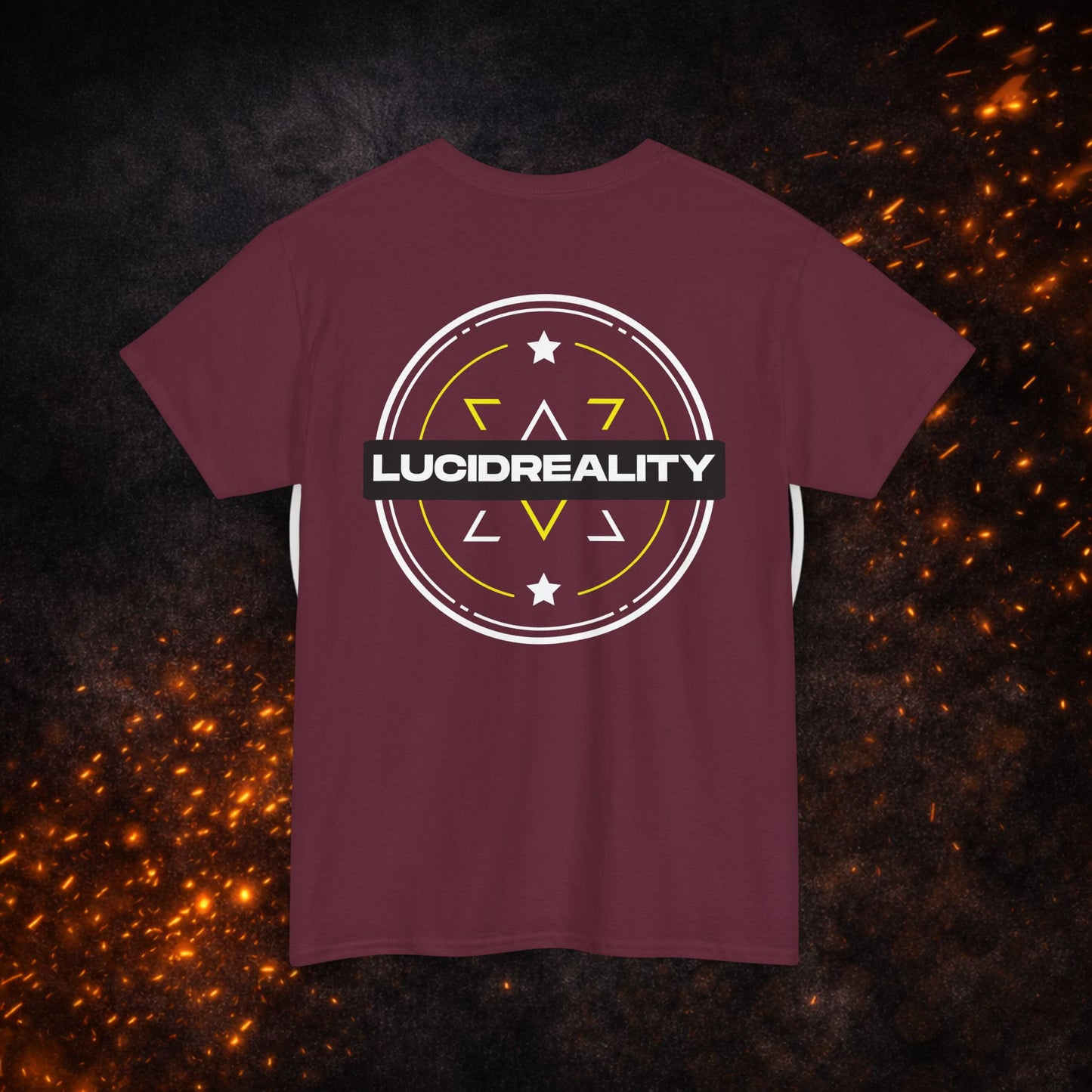 Back view of the maroon Logo Tee with the large "LUCID REALITY" circular shield design.