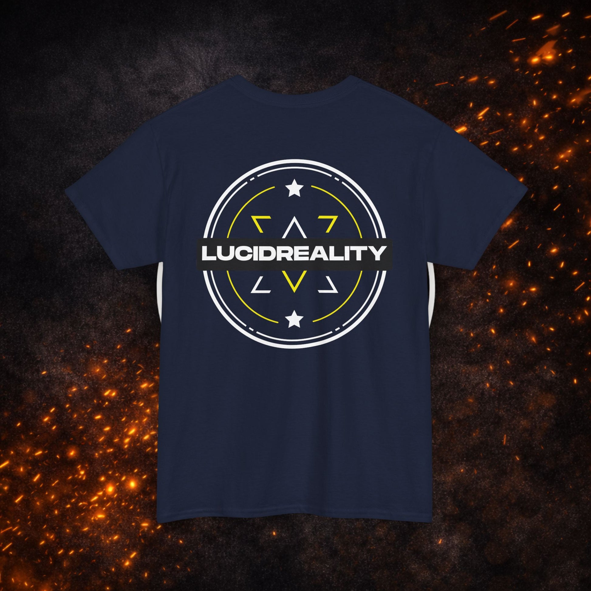 Back view of the navy blue Logo Tee with large "LUCID REALITY" circular shield design. 
