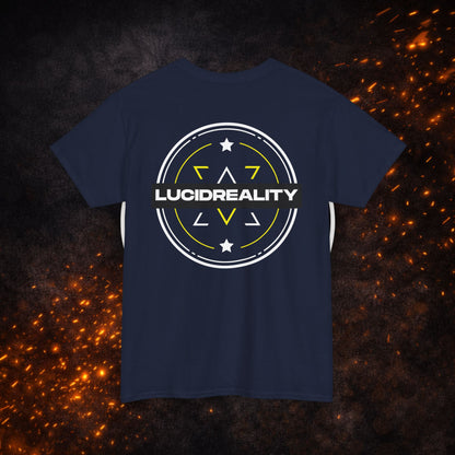 Back view of the navy blue Logo Tee with large "LUCID REALITY" circular shield design. 