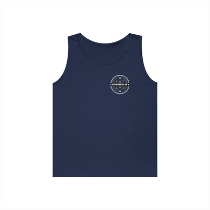 Navy Where Others Dream tank, front Lucid Reality logo, flat lay