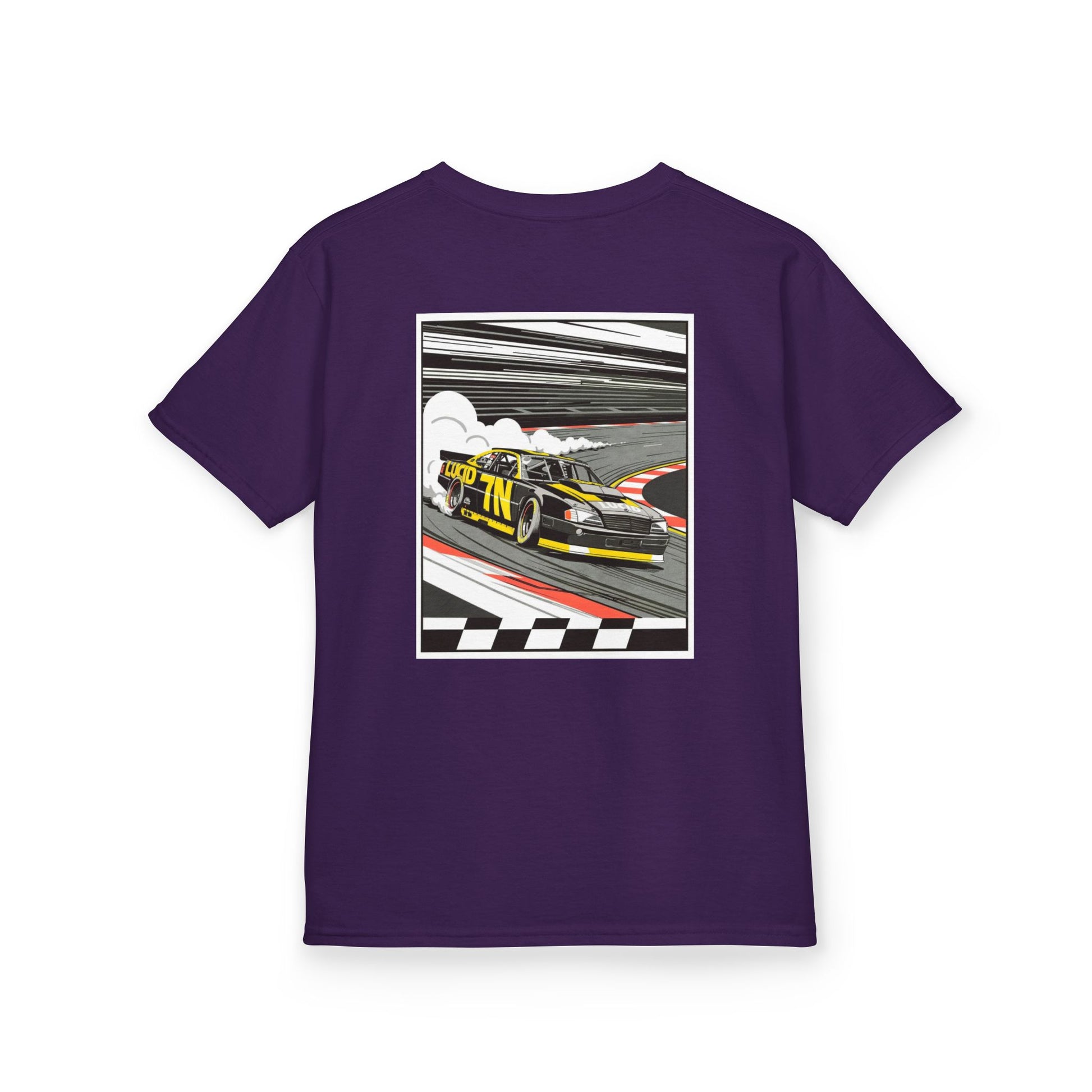 Purple Pro Stock Racing Kids Tee, back Pro Stock car graphic, flat lay