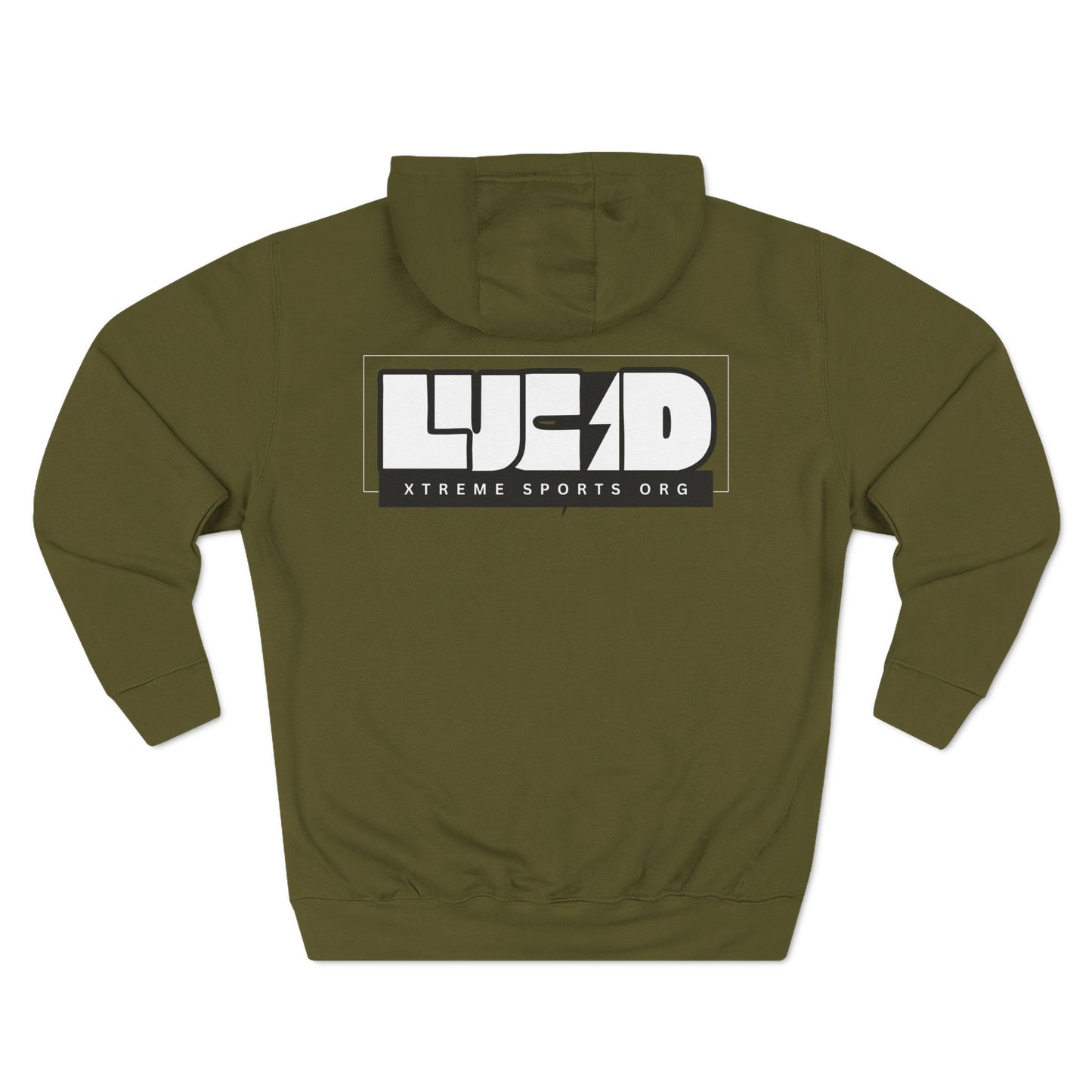 Back view of the army green Lightning Bolt Fleece Pullover Hoodie featuring the white LUCID design with lightning bolt detail.