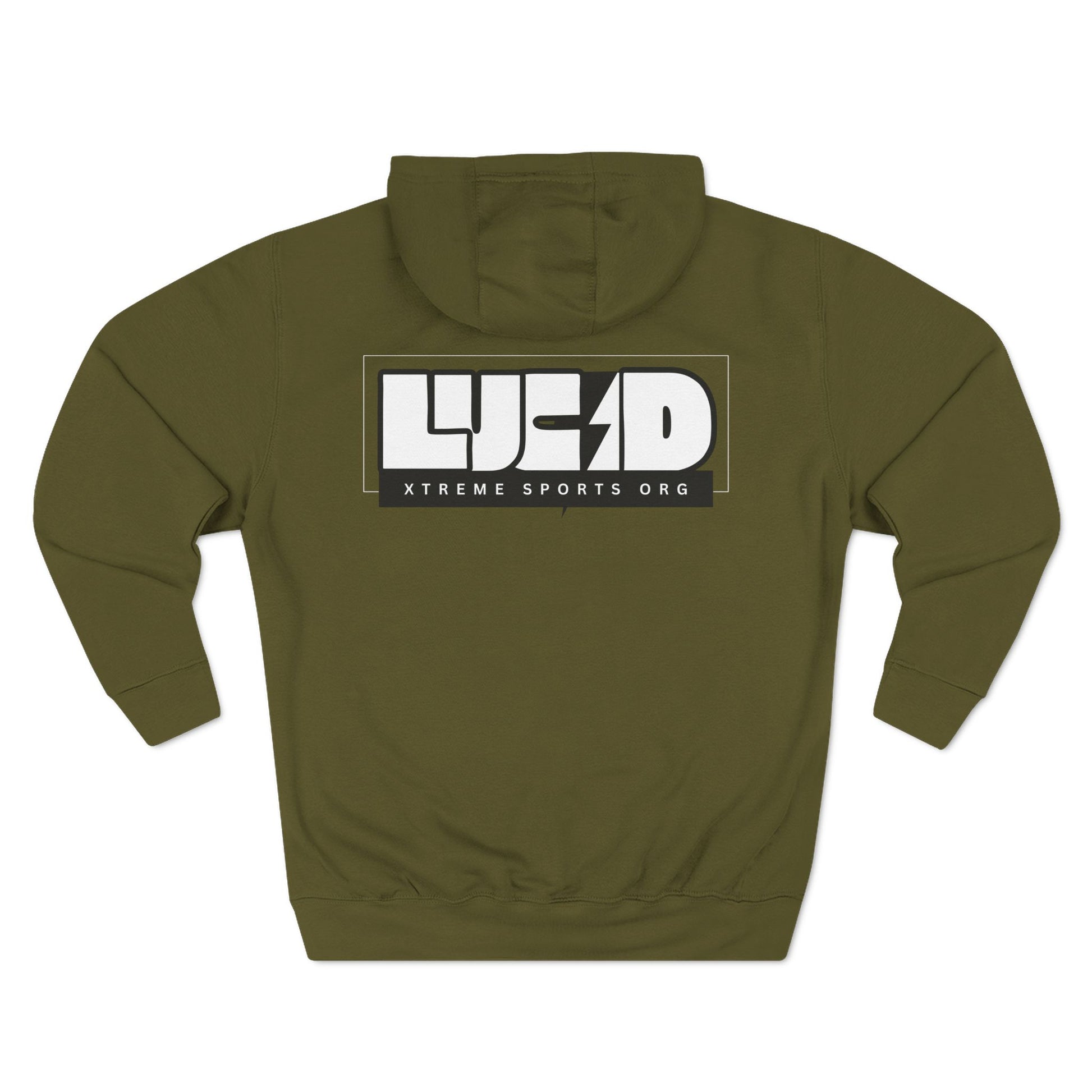 Back view of the army green Lightning Bolt Fleece Pullover Hoodie featuring the white LUCID design with lightning bolt detail.