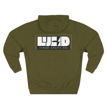 Back view of the army green Lightning Bolt Fleece Pullover Hoodie featuring the white LUCID design with lightning bolt detail.