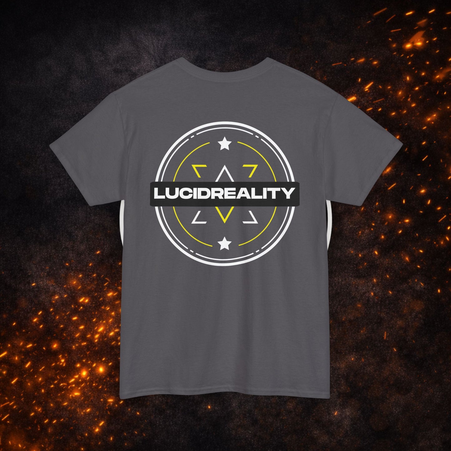 Back view of the dark gray Logo Tee with large "LUCID REALITY" circular shield design.