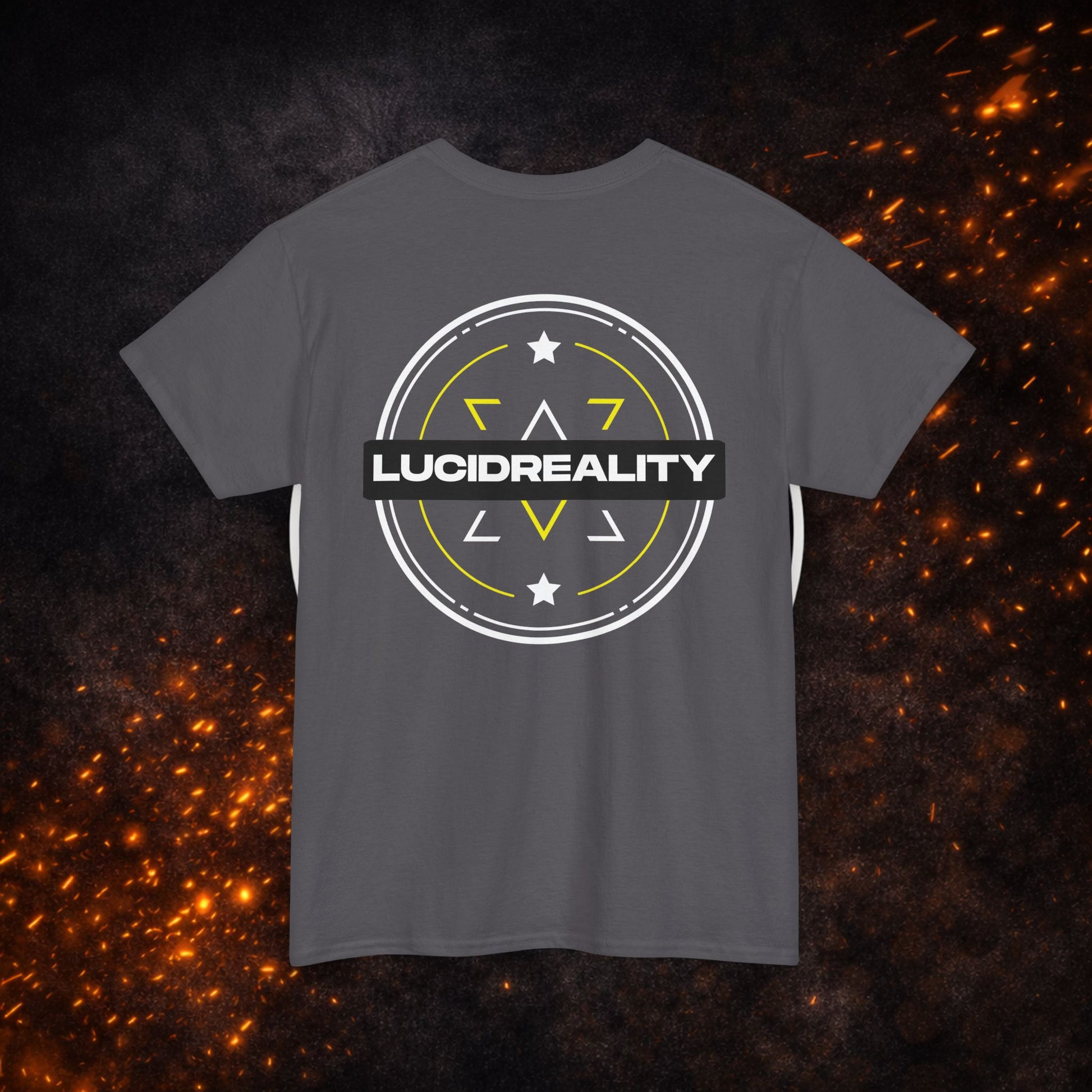 Back view of the dark gray Logo Tee with large "LUCID REALITY" circular shield design.