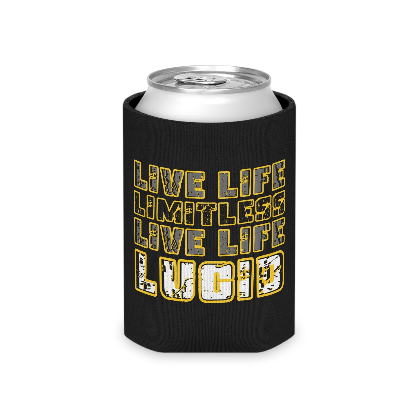 Black Lucid Reality can koozie holding a silver aluminum can, showing the gold "LIVE LIFE LIMITLESS LIVE LIFE LUCID" design in use.