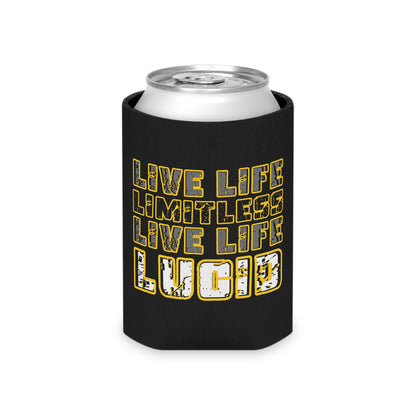 Black Lucid Reality can koozie holding a silver aluminum can, showing the gold "LIVE LIFE LIMITLESS LIVE LIFE LUCID" design in use.