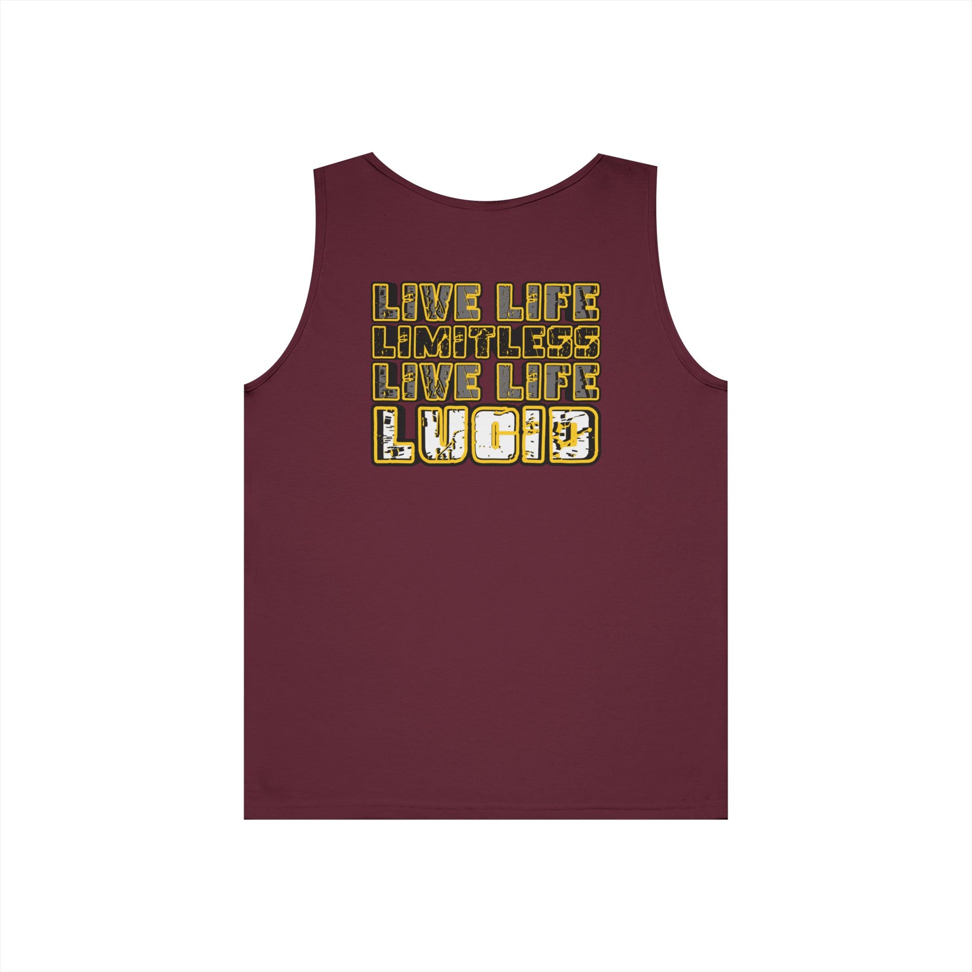 Maroon Live Life Limitless tank, LIVE LIFE LIMITLESS LIVE LIFE LUCID back graphic, flat lay