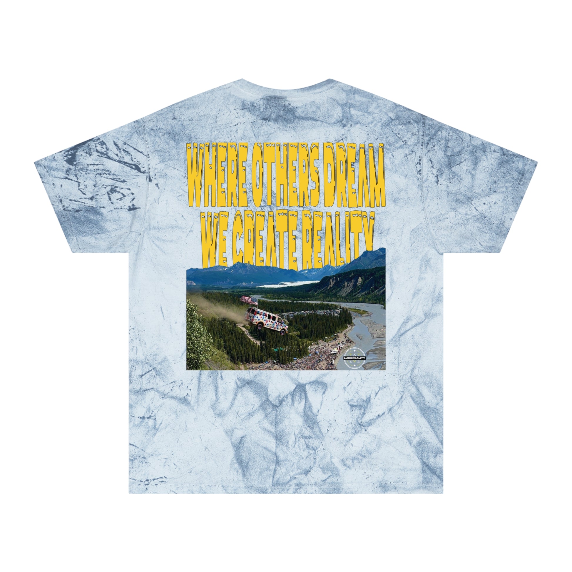 Ocean Color Blast tee, marbled blue, Live Life Limitless back graphic, flat