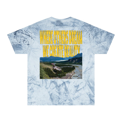 Ocean Color Blast tee, marbled blue, Live Life Limitless back graphic, flat
