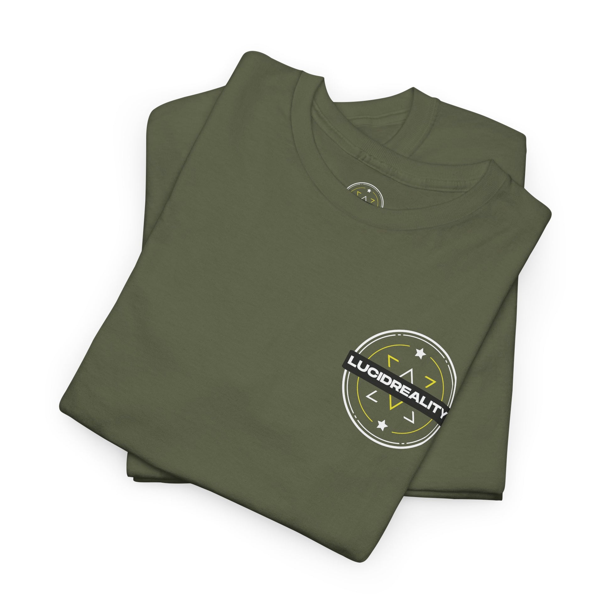 Military Green Logo Tee, folded with Lucid Reality logo, flat lay