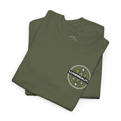 Military Green Logo Tee, folded with Lucid Reality logo, flat lay