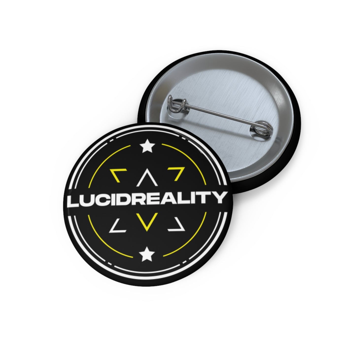Lucid Reality logo pin-back button, 1.25 inch, front and pin-back shown