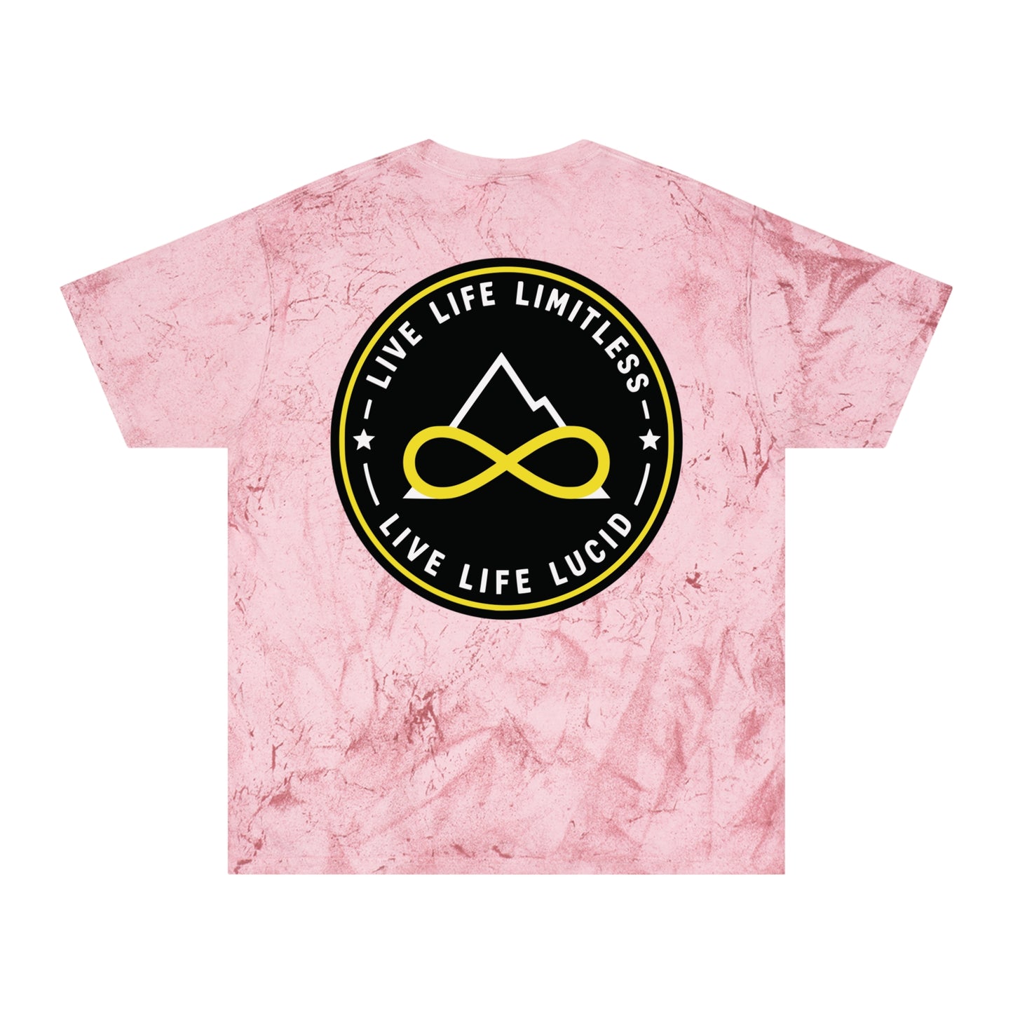 Citrine Color Blast tee, marbled gold, back Live Life Limitless badge graphic, flat