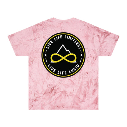 Citrine Color Blast tee, marbled gold, back Live Life Limitless badge graphic, flat
