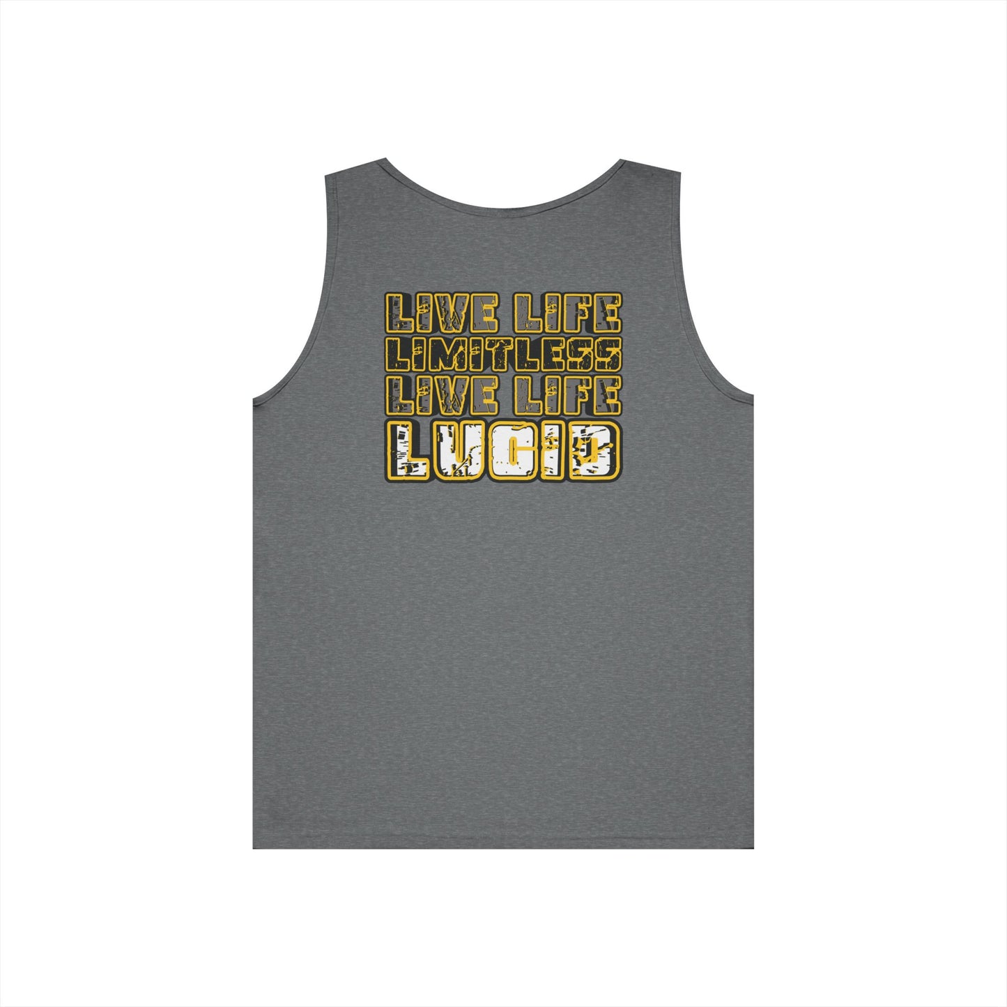 Graphite Heather Live Life Limitless tank, LIVE LIFE LIMITLESS LIVE LIFE LUCID back graphic, flat lay