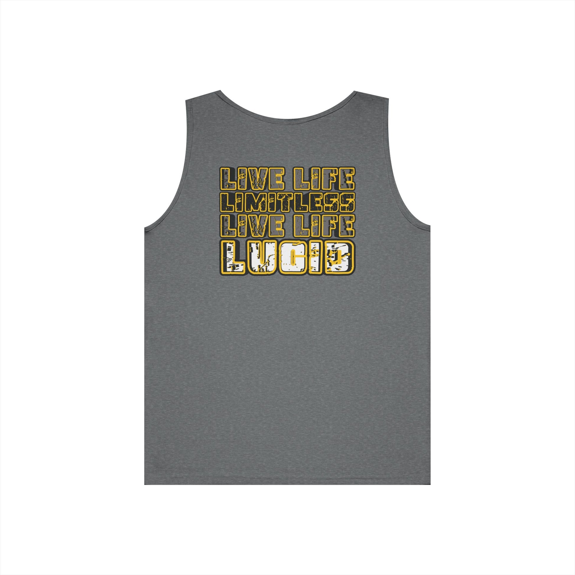 Graphite Heather Live Life Limitless tank, LIVE LIFE LIMITLESS LIVE LIFE LUCID back graphic, flat lay