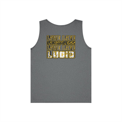 Graphite Heather Live Life Limitless tank, LIVE LIFE LIMITLESS LIVE LIFE LUCID back graphic, flat lay