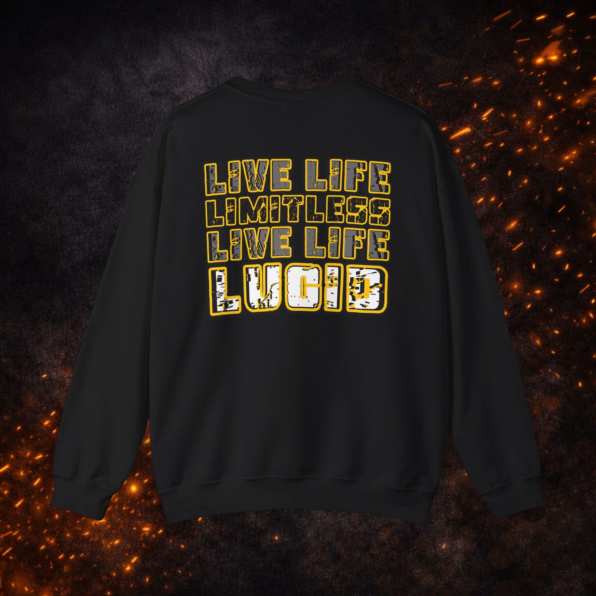 Back view of the black "Live Life Limitless Live Life Lucid" Crewneck Sweatshirt with gold lettering.
