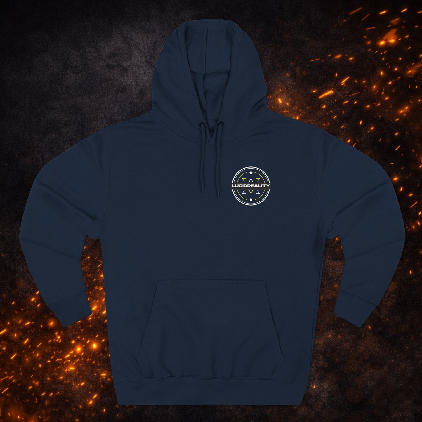 Front view of the navy blue Lucid Reality Fleece Pullover Hoodie with circular chest logo.