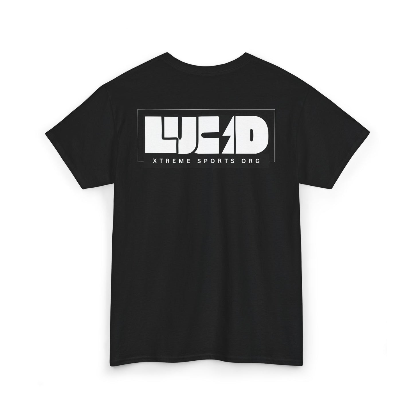 Black Lucid Reality tee, block LUCID logo back graphic, flat