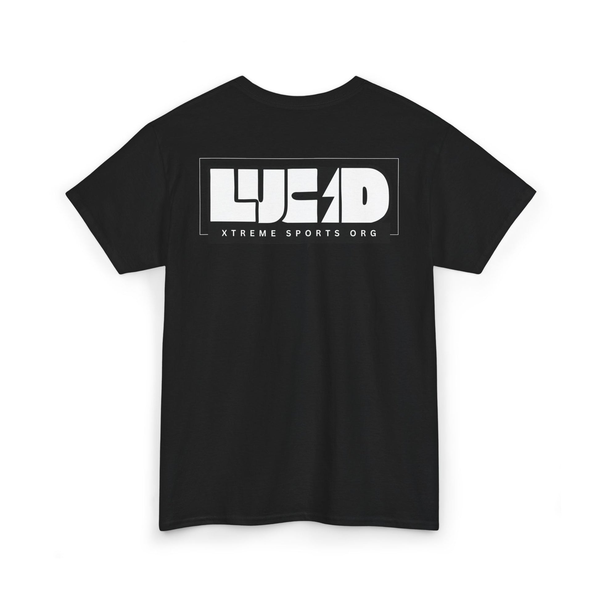 Black Lucid Reality tee, block LUCID logo back graphic, flat